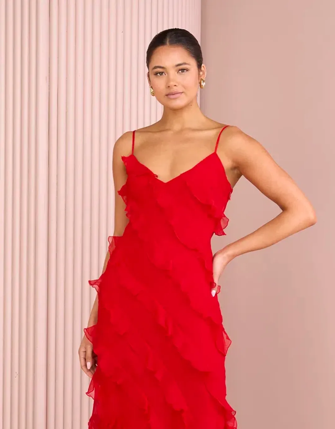 Azzurielle Penelope Ruffle Red Maxi Dress Size 8 for rent on The Volte - main image