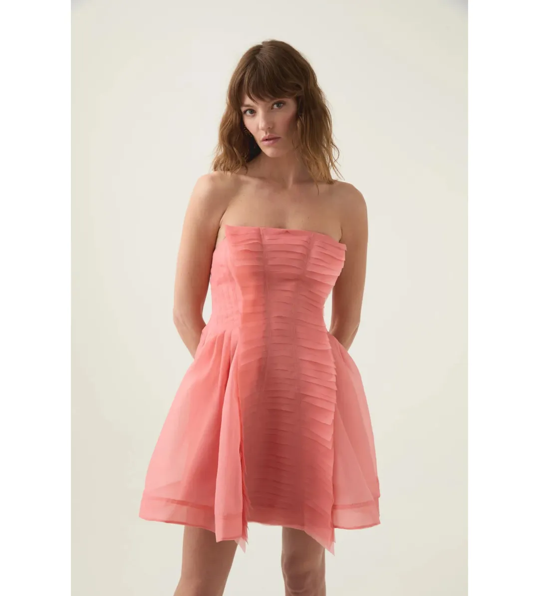 Aje Astrid Strapless Mini Dress Washed Coral Size AU 8 for rent on The Volte - main image