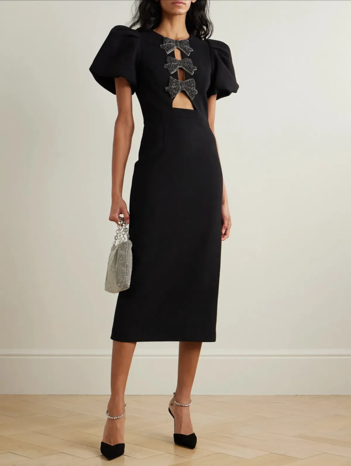 Rebecca Valance Eliana Puff Sleeve Midi Dress in Black Size AU 12 for rent on The Volte - main image