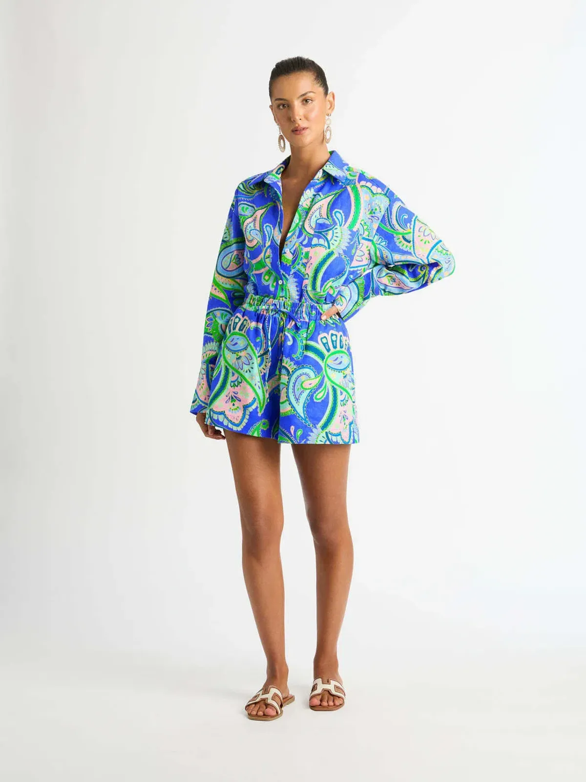 Sheike Balearic Sea Linen Shirt and Short Set Print Size 10 - Image 1