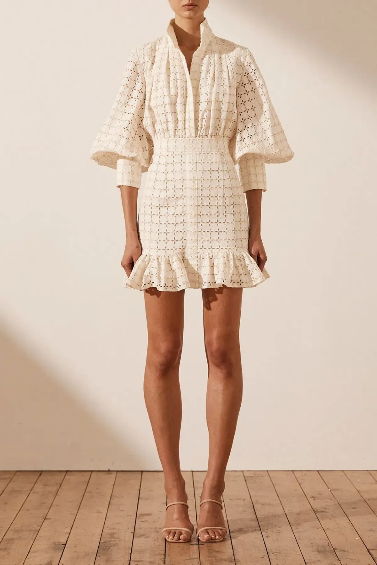 Shona Joy Penelope Linen Balloon Sleeve Mini Dress Ivory Size AU 10 / US 6 - Image 5