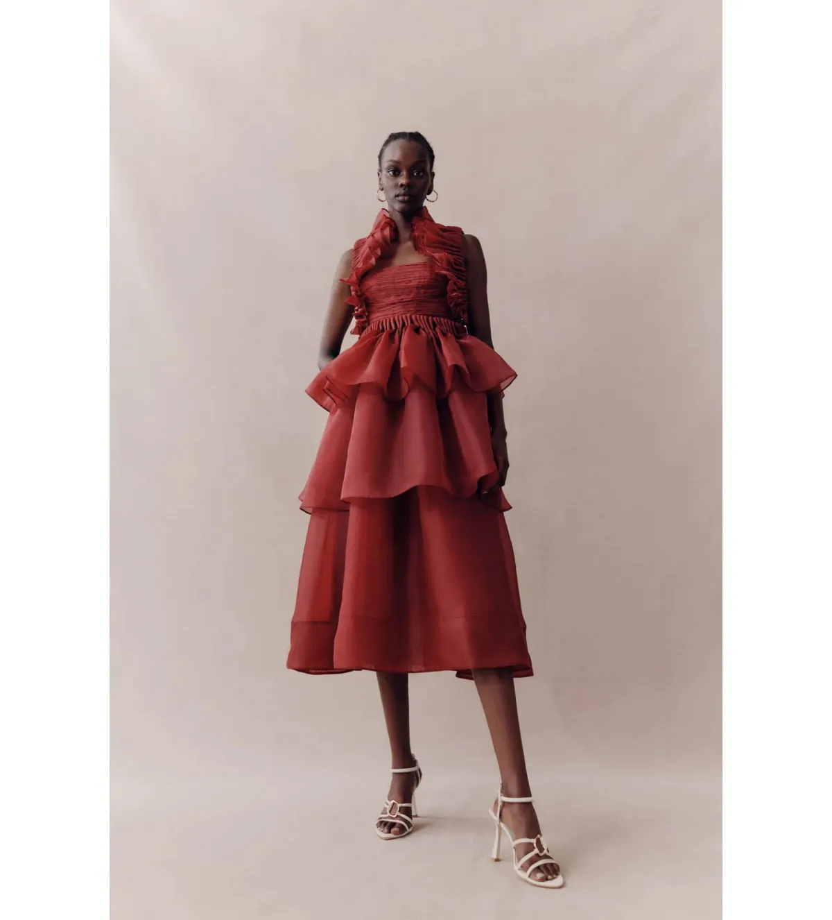 Aje Asra Pleated Frill Midi Dress Mahogany Red Size AU 8 - Image 5