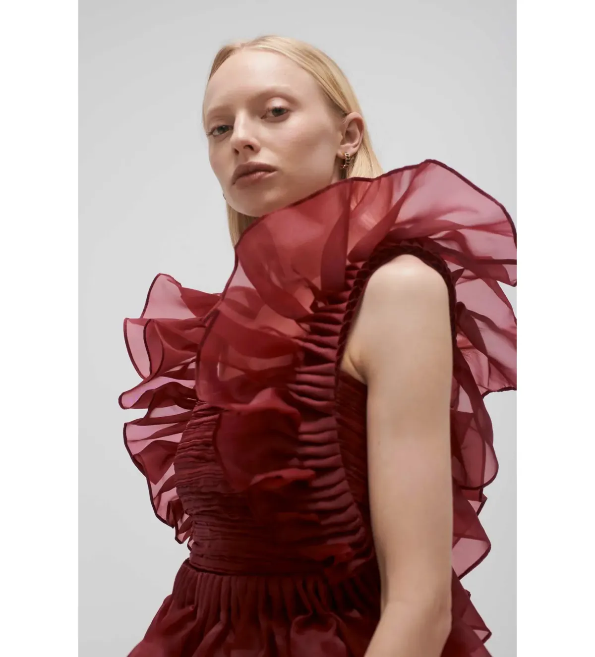 Aje Asra Pleated Frill Midi Dress Mahogany Red Size AU 8 - Image 3