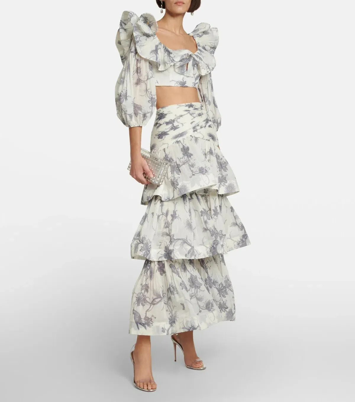 Zimmermann Cropped Bodice & Pleated Tiered Maxi Skirt Set Keira Navy Floral Size 2 / AU 12 for rent on The Volte - main image