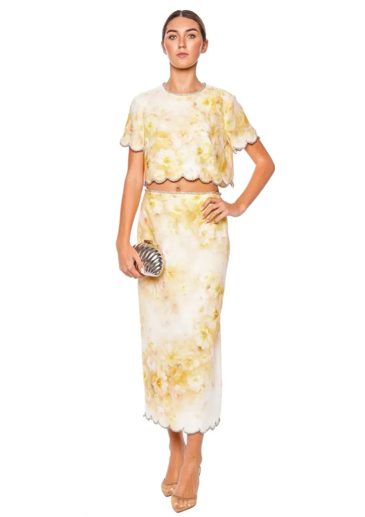 Zimmermann Crush Scalloped Top & Midi Skirt Set Yellow Floral (Top-Size OP) (Skirt-Size 0 / AU 8) for rent on The Volte - main image