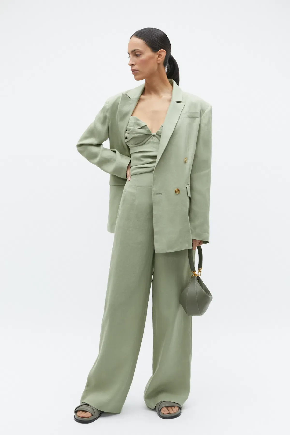 Seed Heritage Linen Balconette Top & Core Linen Waisted Pant Set Pale Olive Green Size 8 - Image 1