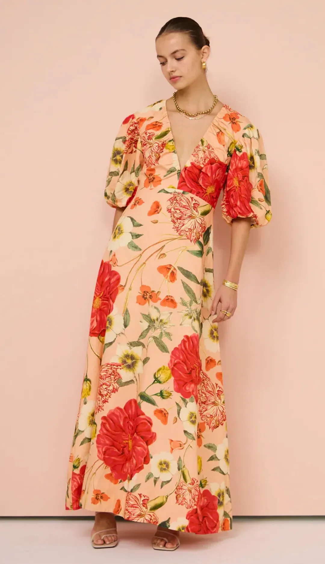 By Nicola Bolero Gathered Neckline Maxi Dress in Raspberry Punch Floral Size 8 for rent on The Volte - main image