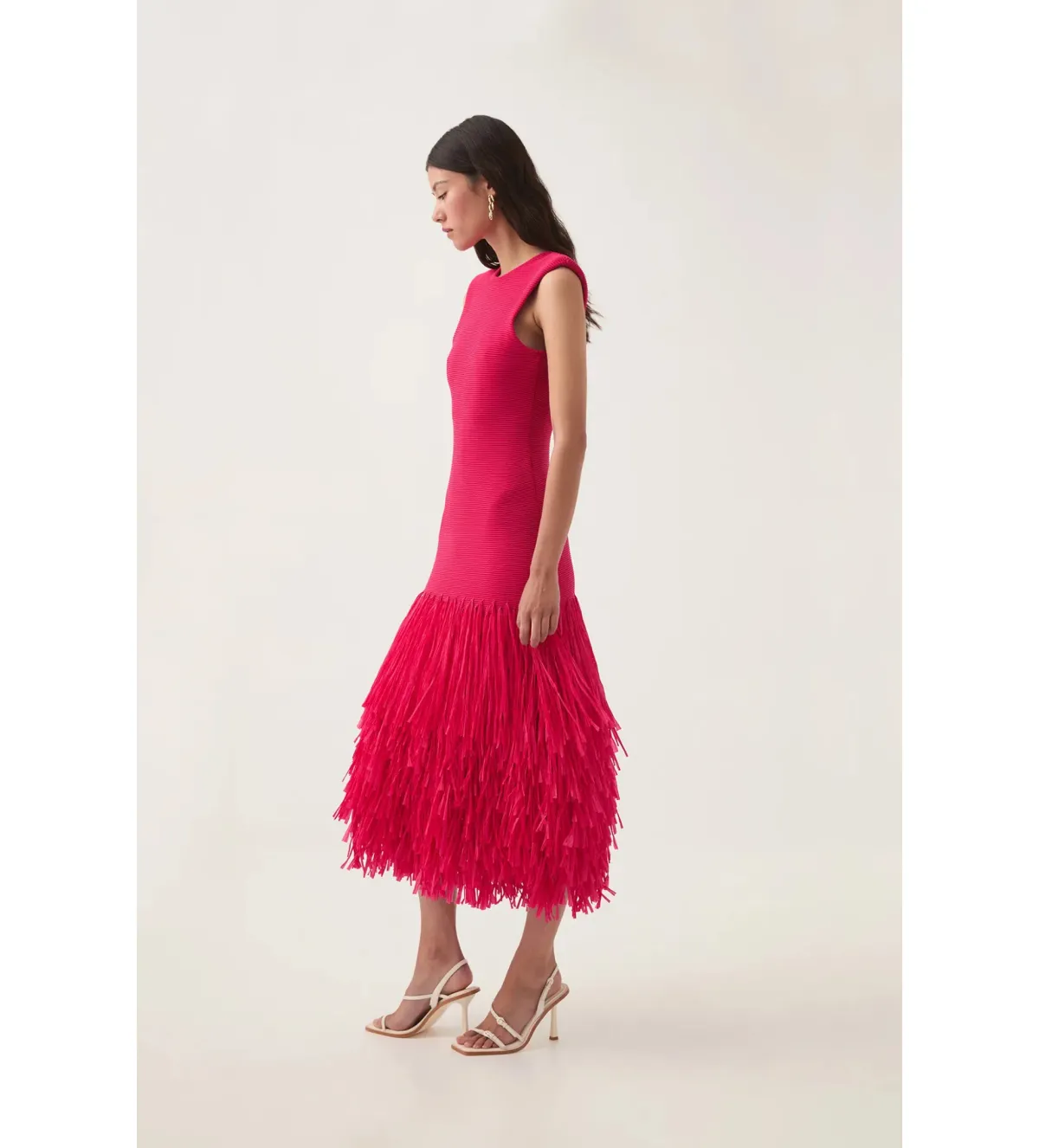Aje Rushes Raffia Knit Midi Dress Deep Fuschia Size AU 10 - Image 2