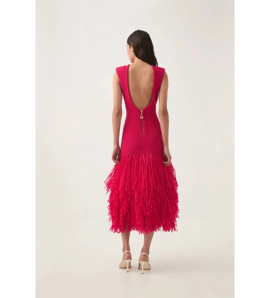 Aje Rushes Raffia Knit Midi Dress Deep Fuschia Size AU 12 for rent on The Volte - main image