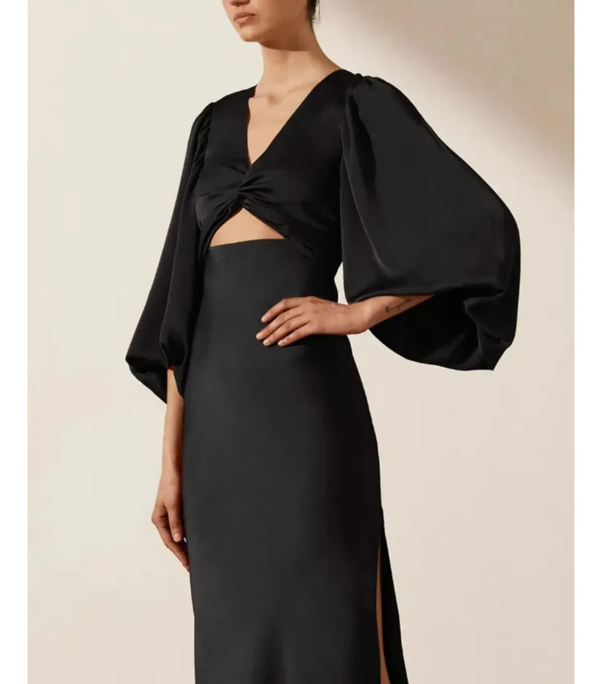 Shona Joy Luxe Twist Front Balloon Sleeve Midi Dress Black Onyx Size AU 18 - Image 4