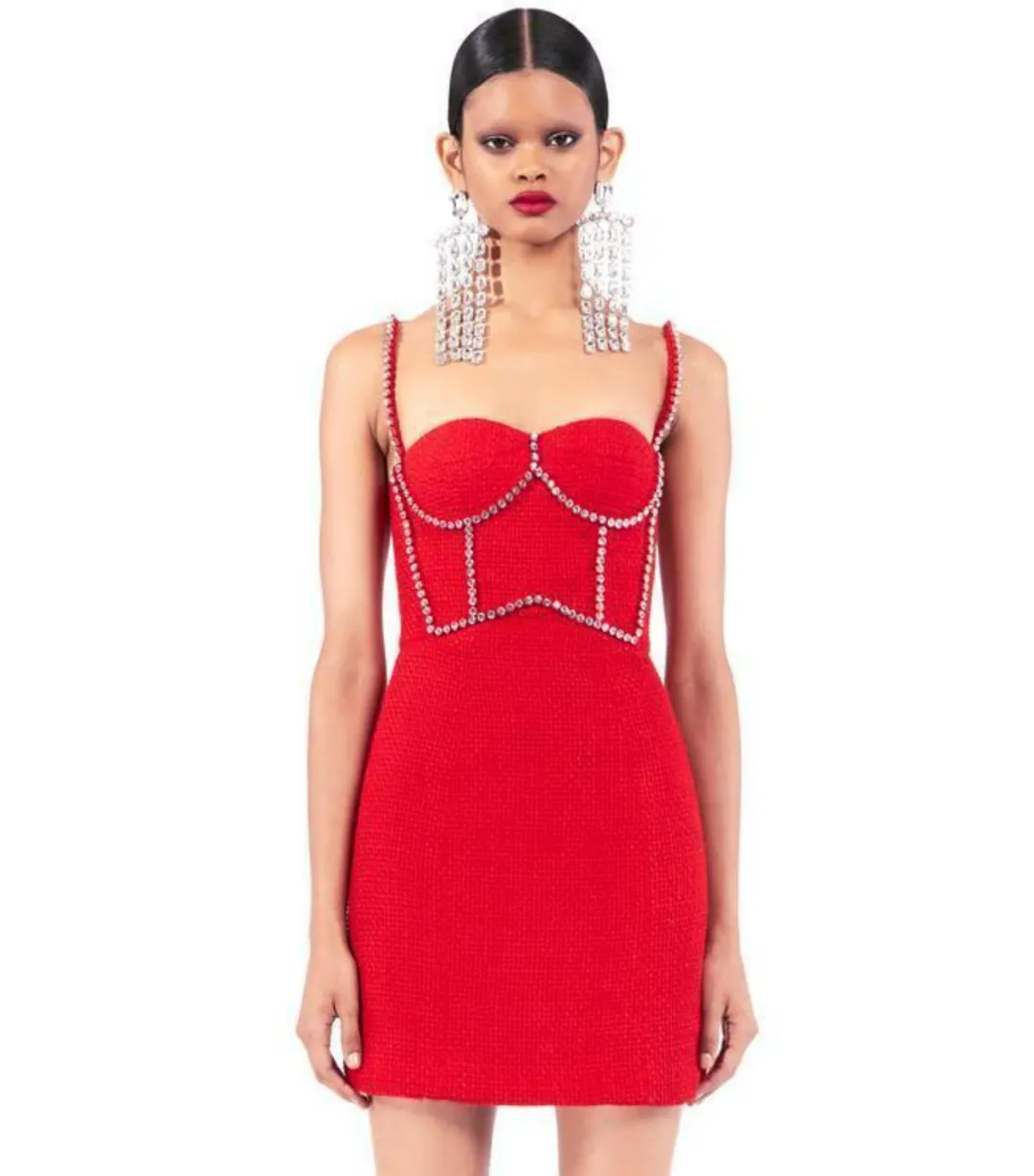 Area NYC Red Embellished Tweed Bustier Dress Red Size AU 6 for rent on The Volte - main image