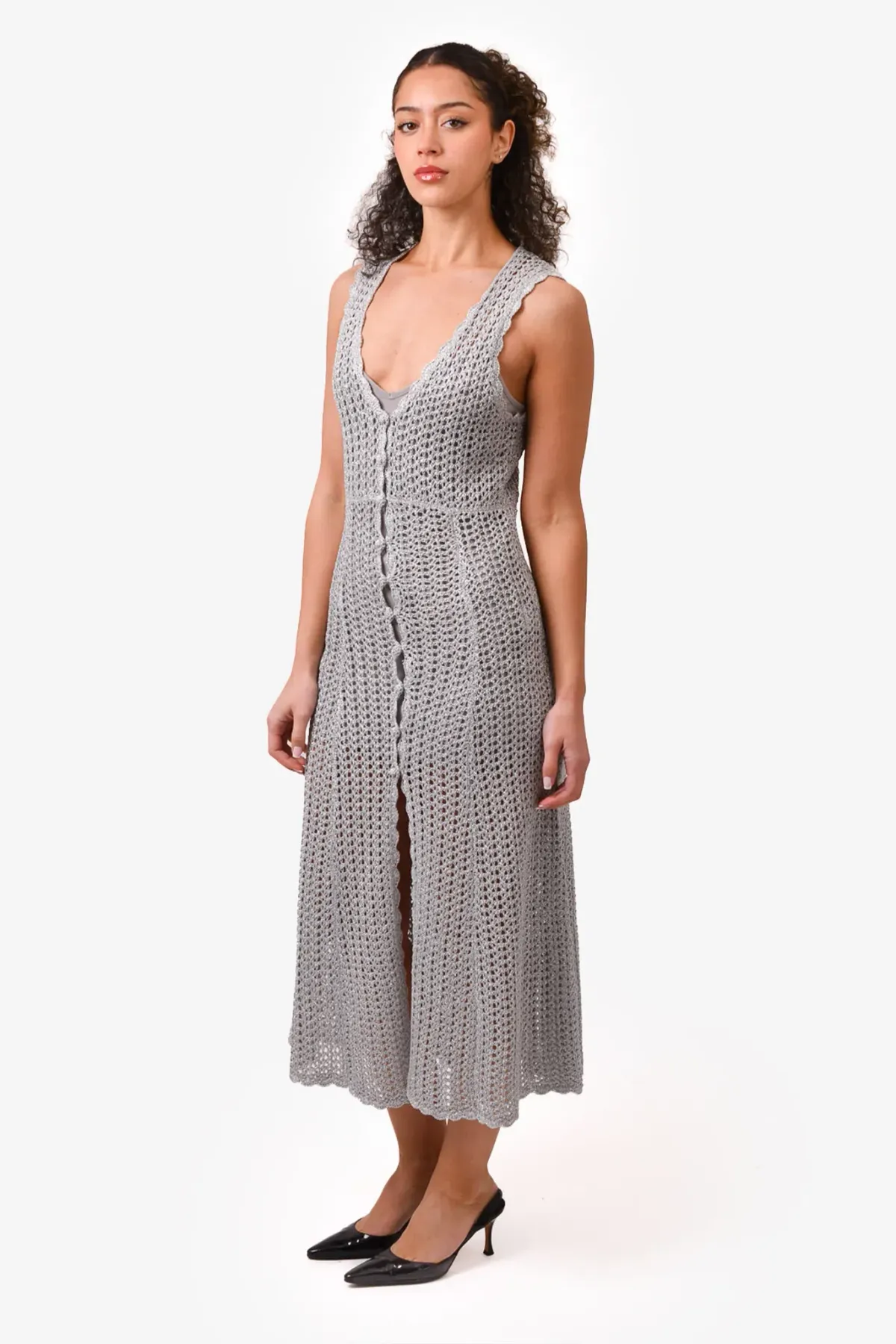 Alice McCall Magic Metallic Open Knit Midi Dress In Stone Size 10 for rent on The Volte - main image