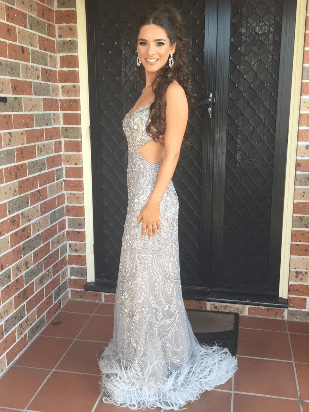 Terani Couture (feather dress) silver grey size 6 for rent on The Volte - main image