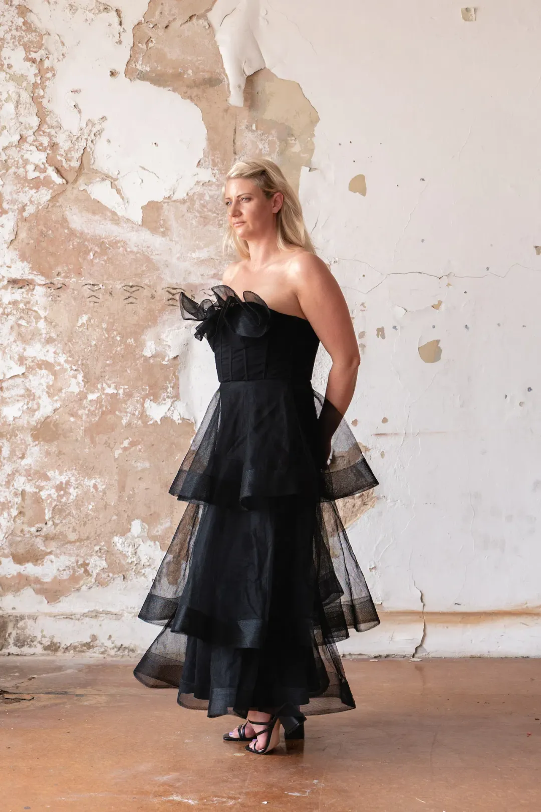 Bariano Kascade Tiered Ruffle Midi Maxi Dress Black Size AU 14 for rent on The Volte - main image