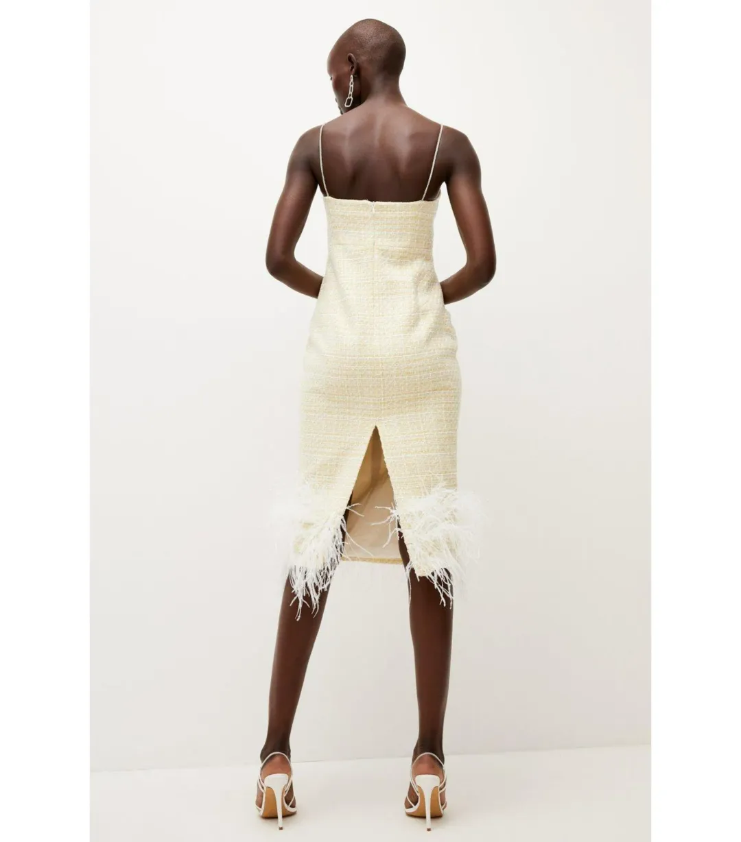 Karen Millen Tweed Chain Strap Feather Hem Midi Dress Yellow Size AU 10 for rent on The Volte - main image