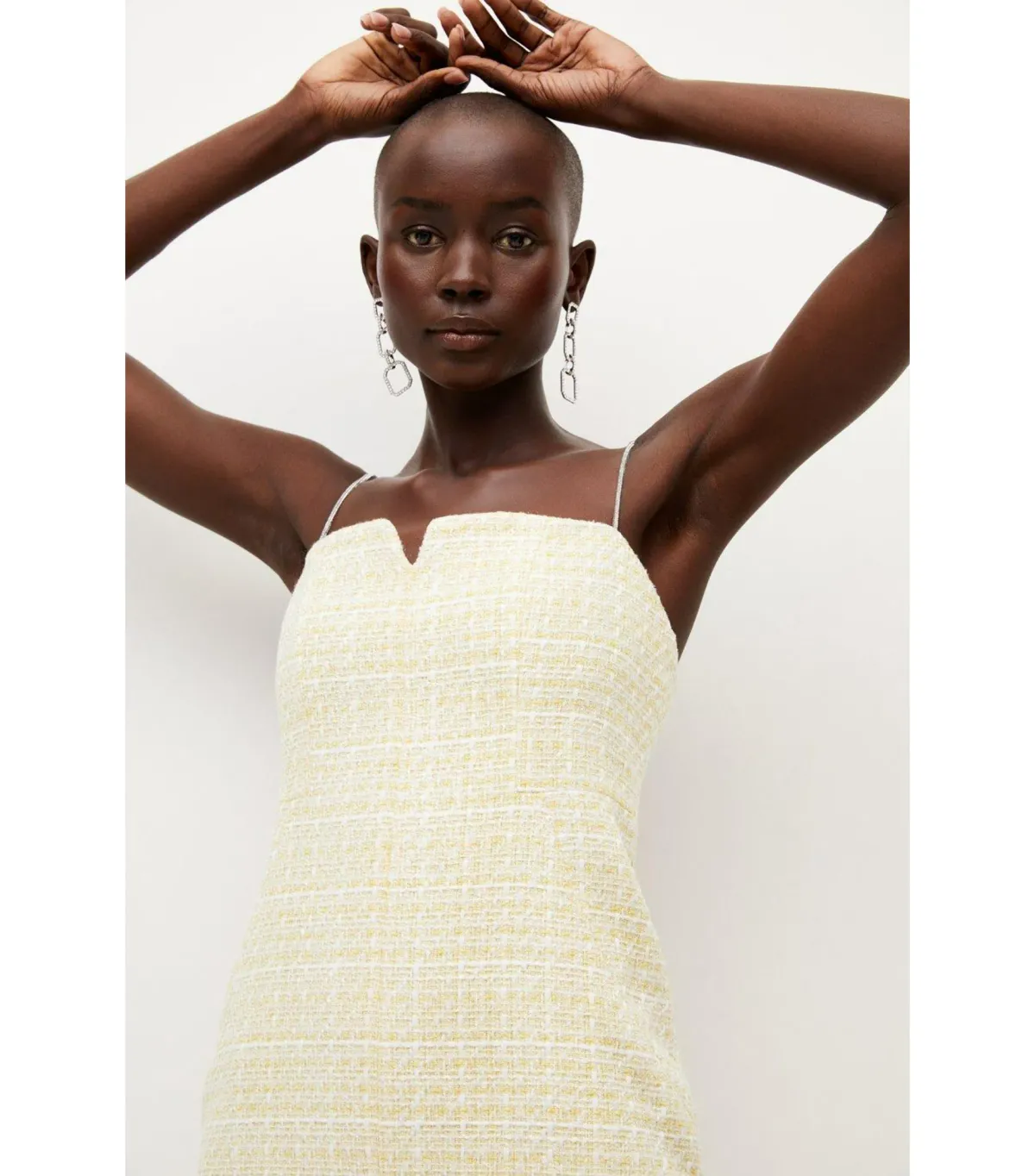 Karen Millen Tweed Chain Strap Feather Hem Midi Dress Yellow Size AU 10 - Image 2