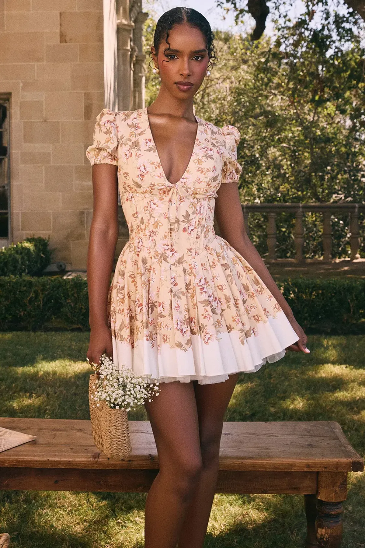 House of CB Imani Pleated Cotton Mini Dress Honeyflower Print Size XS / AU 6 - Image 5