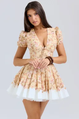 House of CB Imani Pleated Cotton Mini Dress Honeyflower Print Size XS / AU 6 for rent on The Volte - image 2