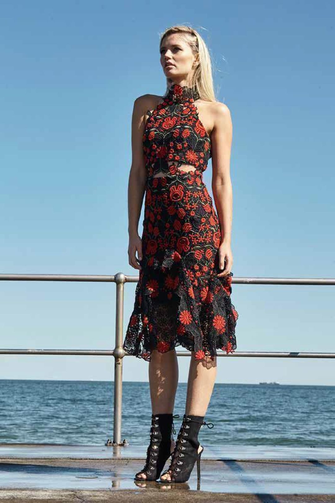 Thurley English Rose Midi Dress Black & Red Sz 6 for rent on The Volte - main image