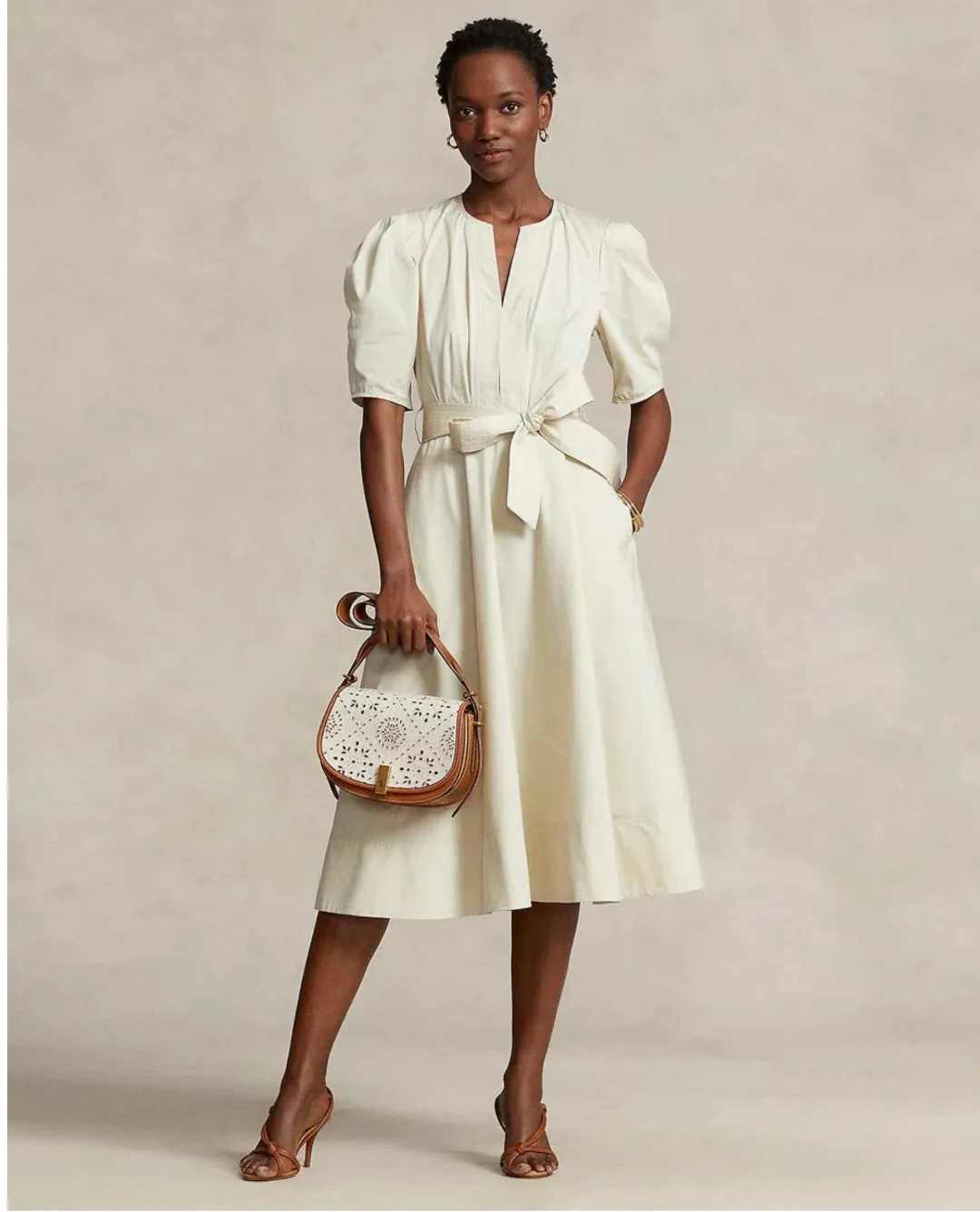 Polo Ralph Lauren Handkerchief Cotton Puffed Sleeve Dress Beige Size 6 for rent on The Volte - main image