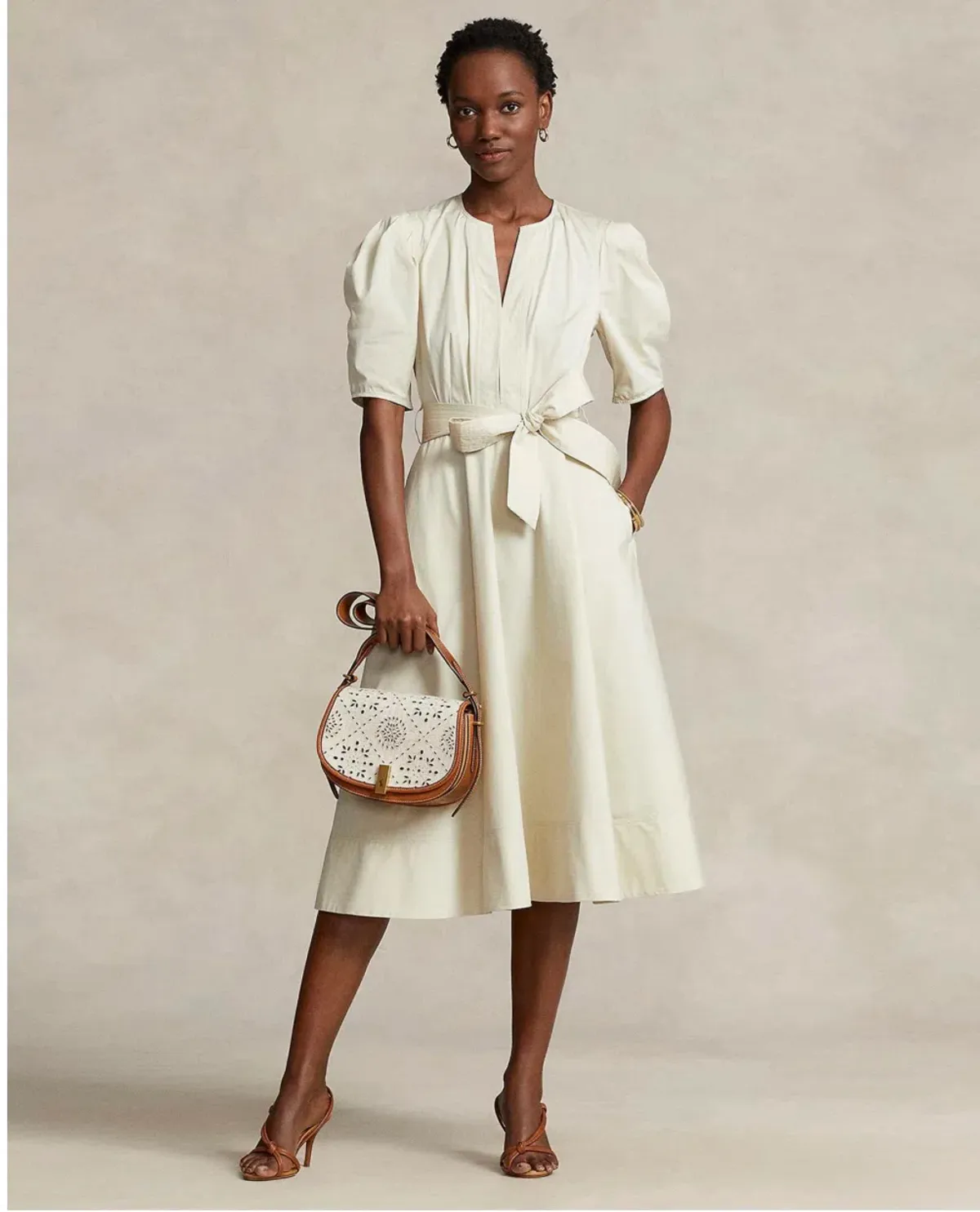 Polo Ralph Lauren Handkerchief Cotton Puffed Sleeve Dress Beige Size 6 for rent on The Volte - main image