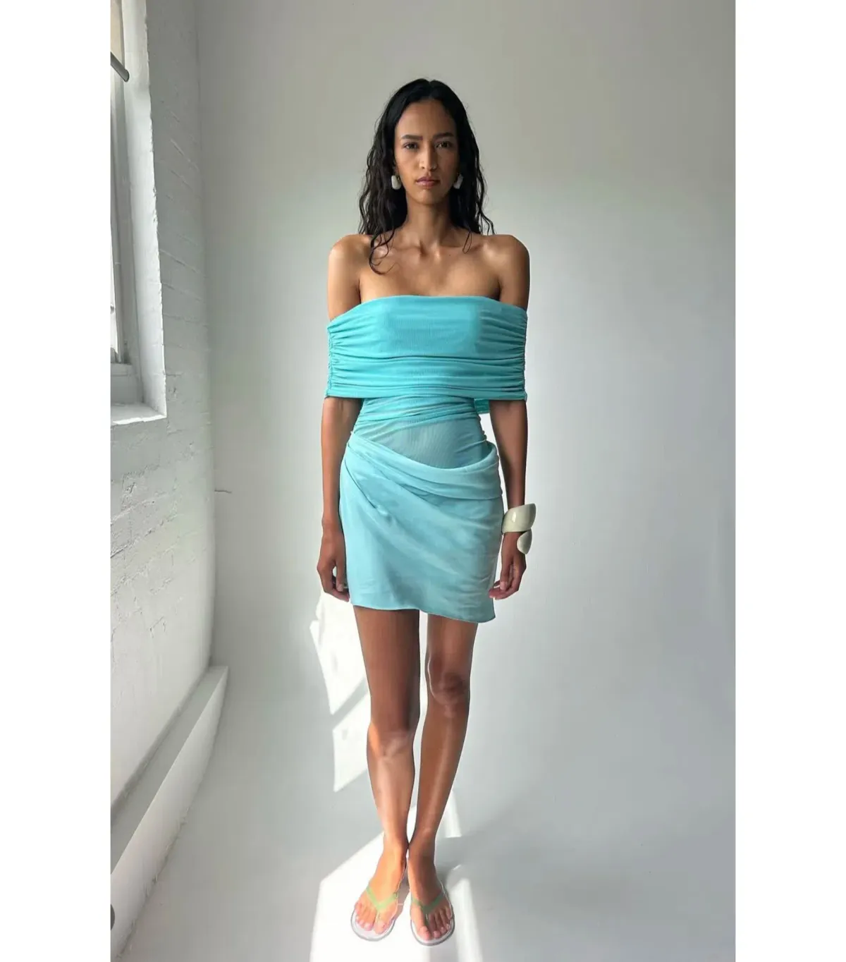 Benni Nico Off Shoulder Mini Dress In Aquamarine Size AU 8 - Image 6
