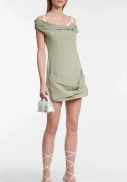 Jacquemus Foglio Off-the-shoulder Gathered Linen-blend Mini Dress In Green - size 38 for rent on The Volte - image 1