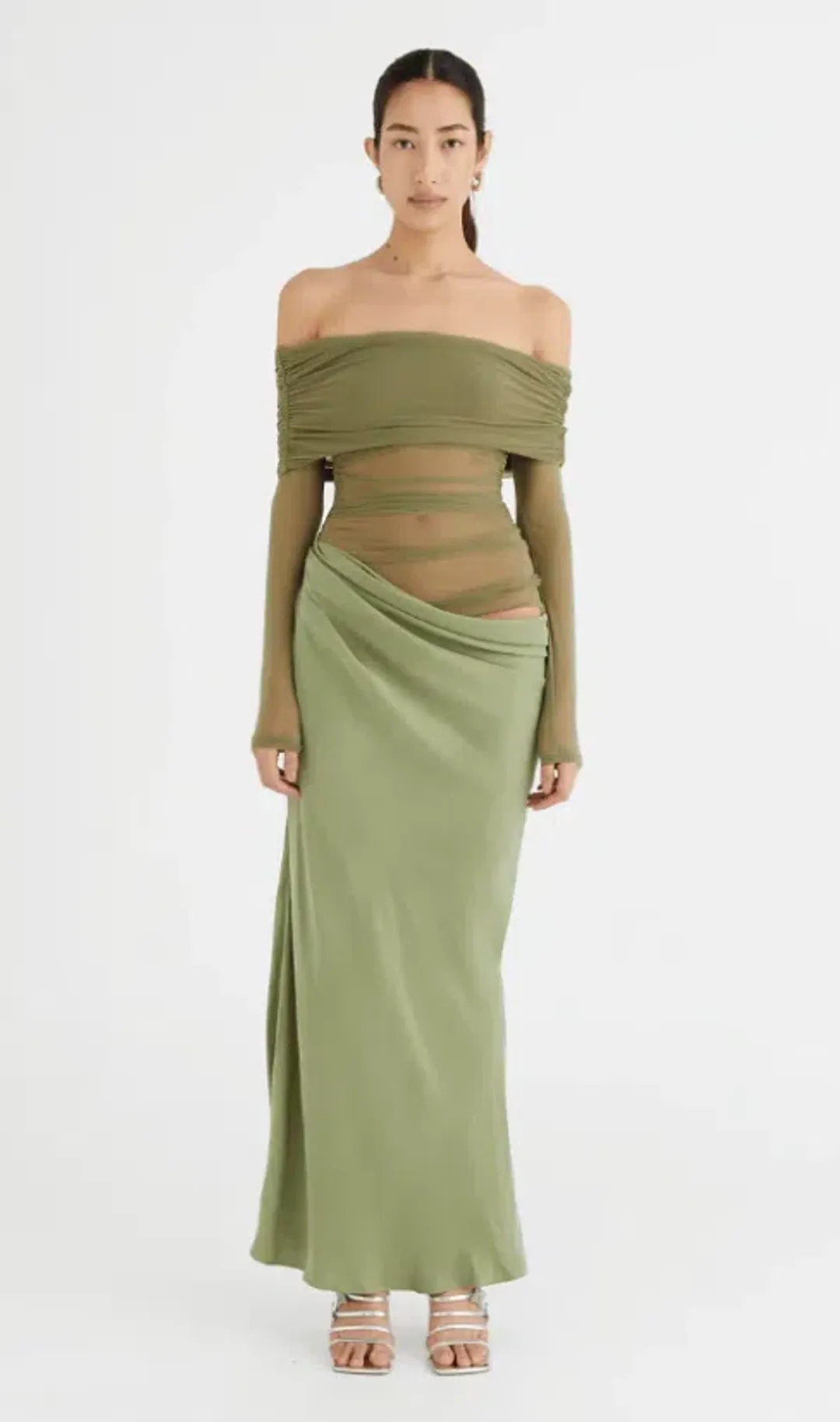 Benni Yasmin Off Shoulder Maxi Dress Pistachio Size 8 for rent on The Volte - main image