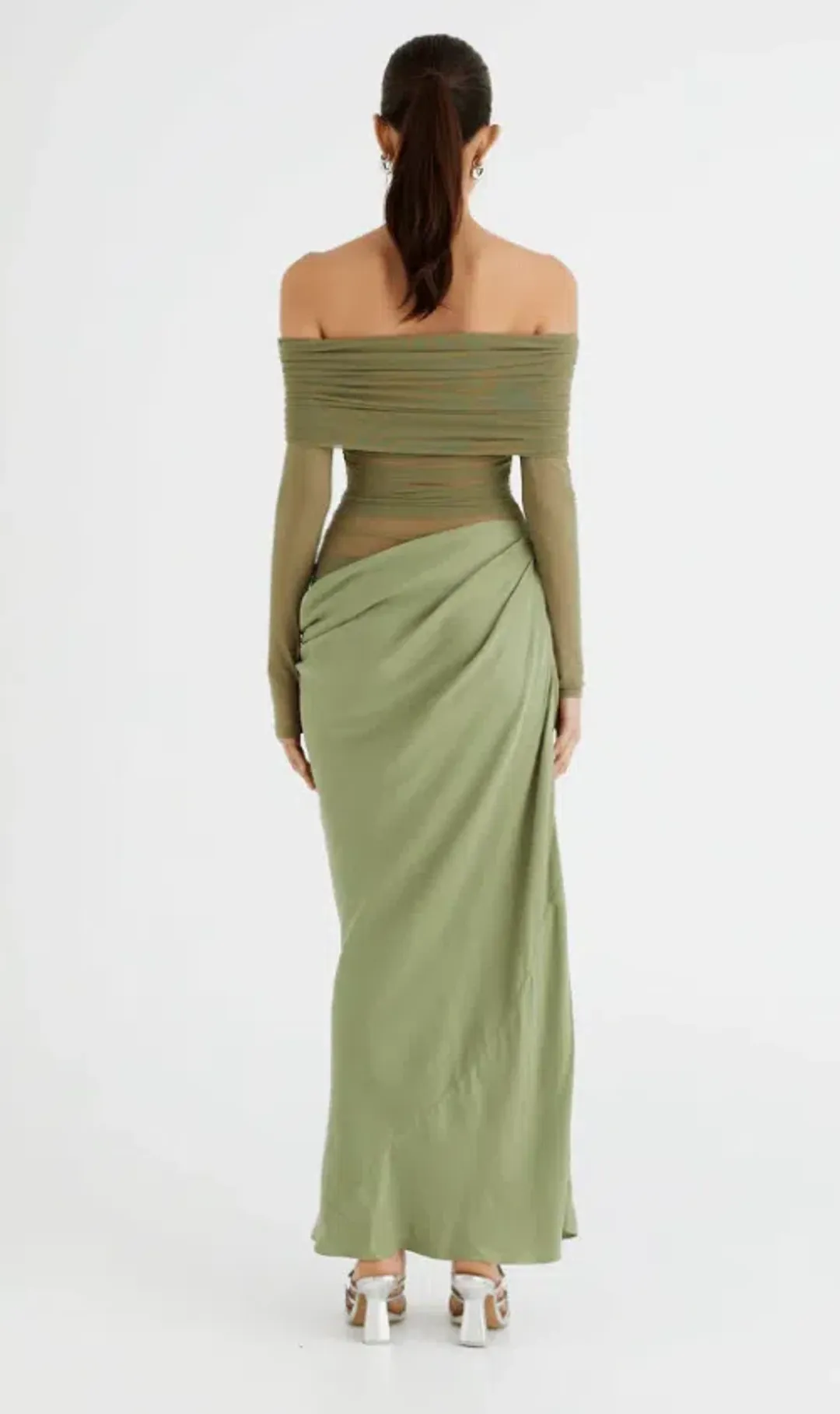 Benni Yasmin Off Shoulder Maxi Dress Pistachio Size 8 for rent on The Volte - main image