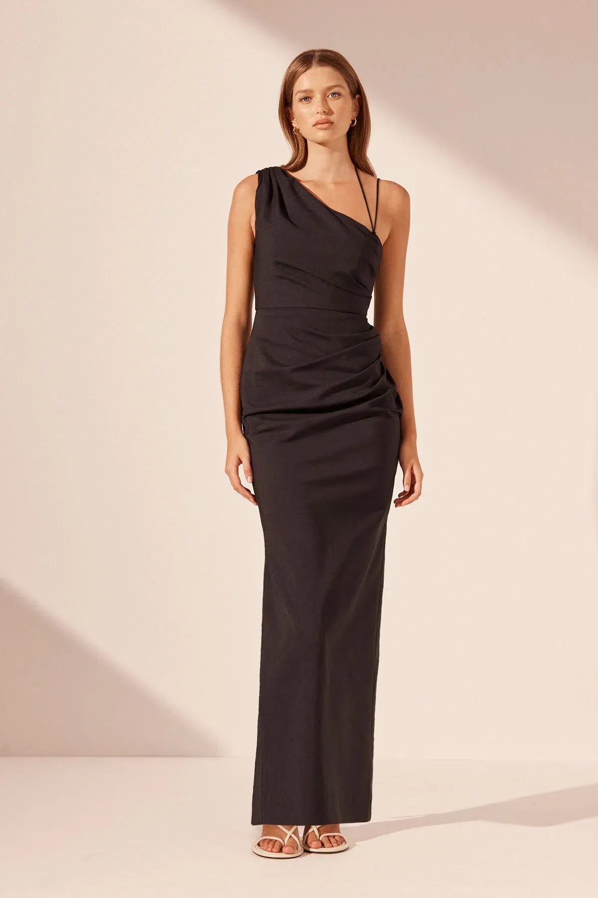 Shona Joy Lani Asymmetrical Gathered Maxi Dress in Black Size 8 - Image 1