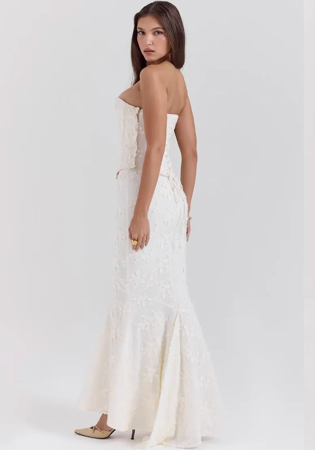 House of CB Dakota Embroidered Strapless Corset and Veronica Embroidered Godet Maxi Skirt Set Vintage Ivory Size M / AU 10 for rent on The Volte - main image