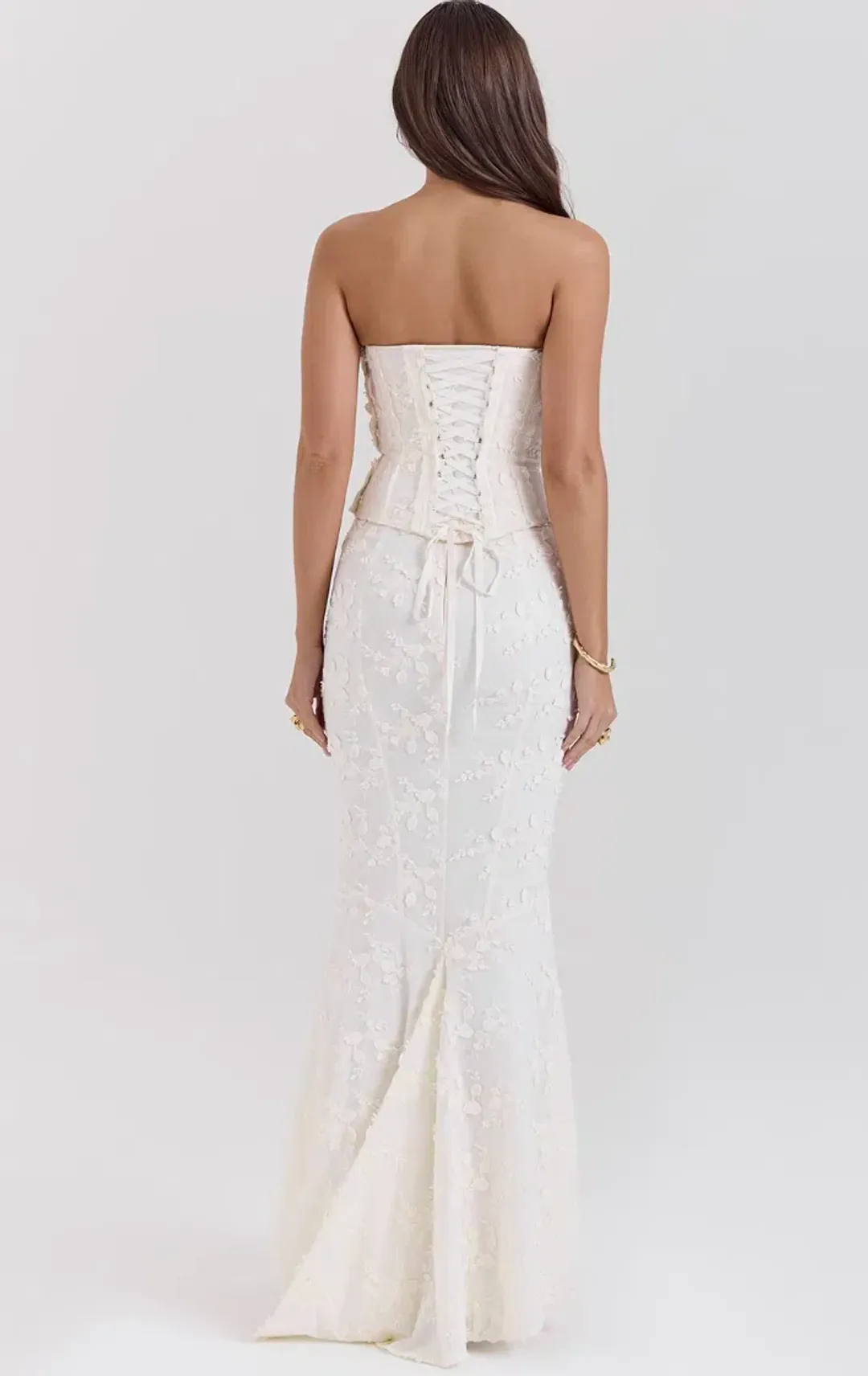 House of CB Dakota Embroidered Strapless Corset and Veronica Embroidered Godet Maxi Skirt Set Vintage Ivory Size M / AU 10 for rent on The Volte - main image