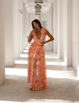 Anne Louise Boutique Clementine Maxi Dress Orange Fuchsia Floral Size 12 for rent on The Volte - image 1