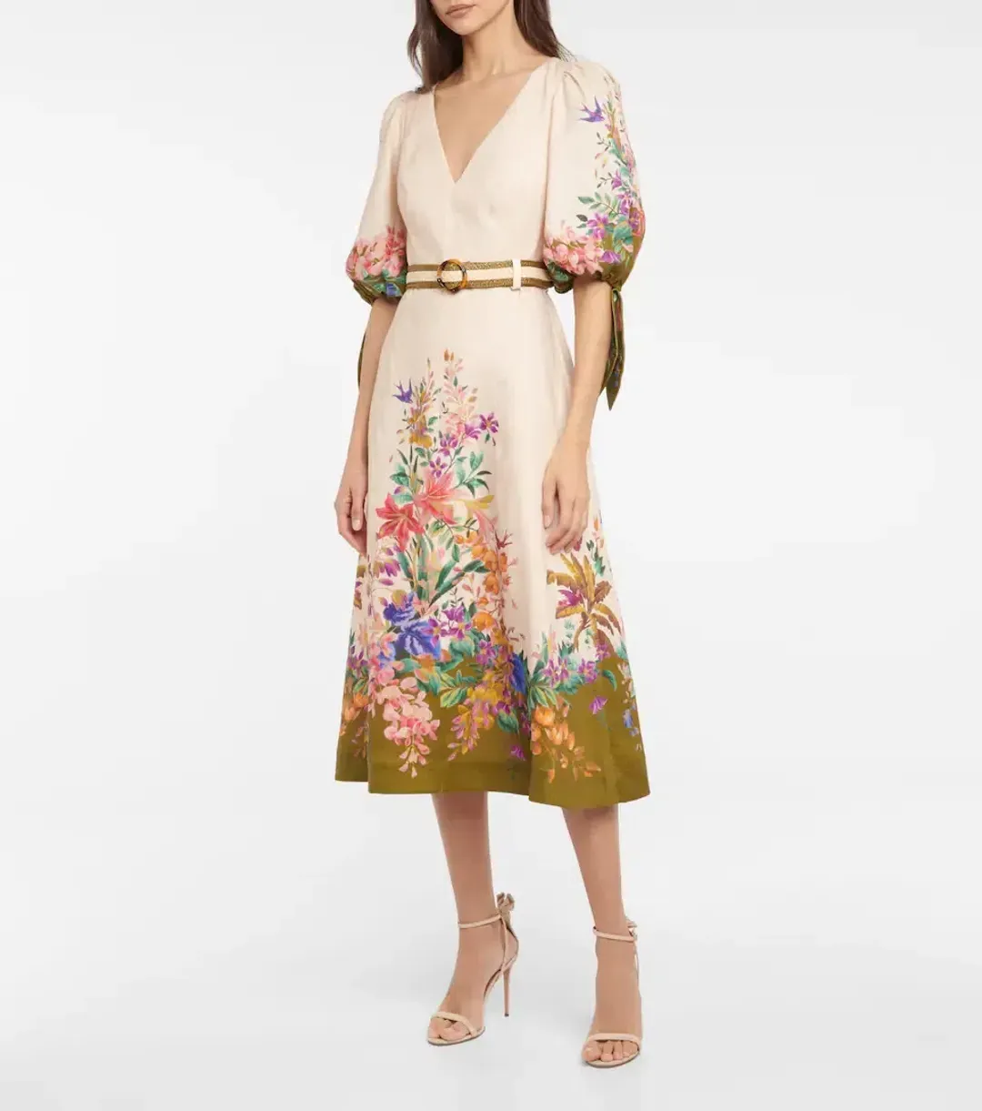 Zimmermann Tropicana Belted Linen Midi Dress in Cream Floral Print Size 3 / AU 14 for rent on The Volte - main image