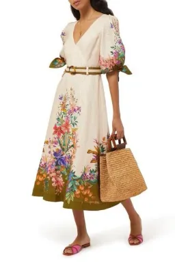 Zimmermann Tropicana Belted Linen Midi Dress in Cream Floral Print Size 3 / AU 14 for rent on The Volte - image 4