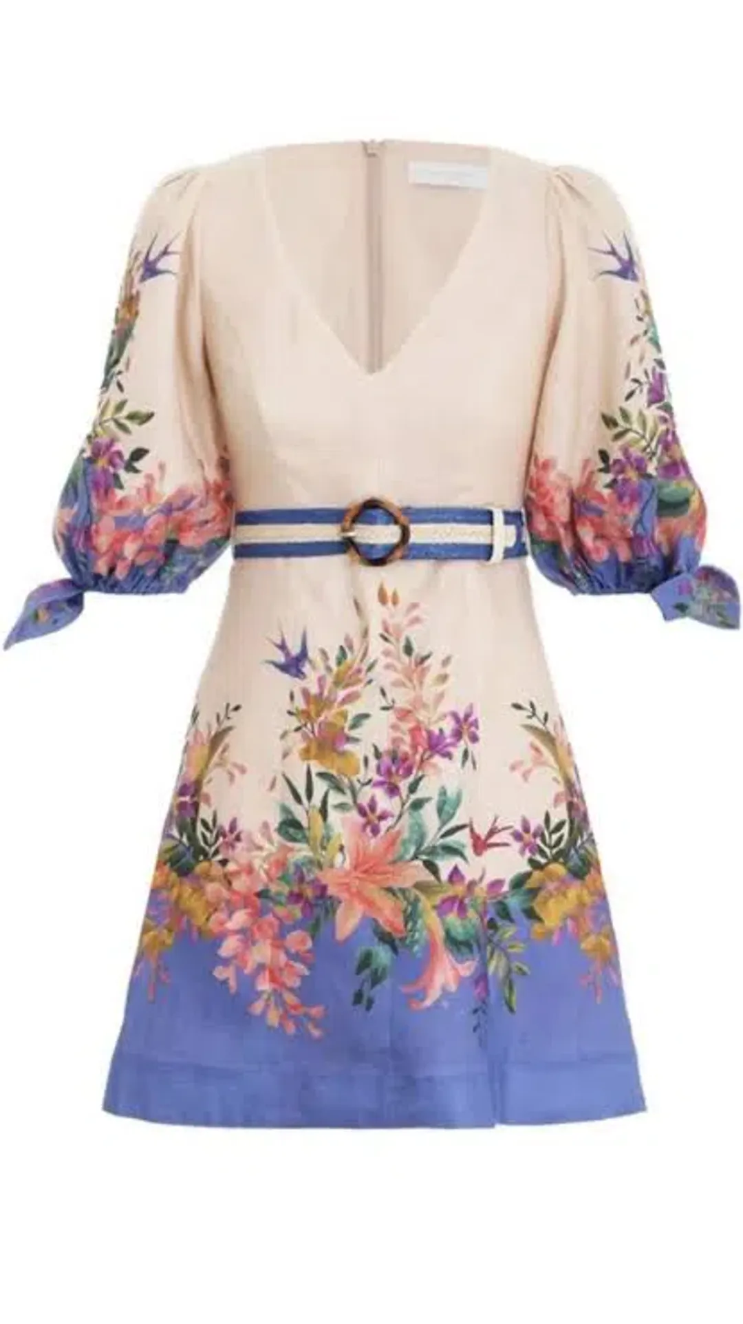 Zimmermann Tropicana Tie Sleeve Mini Dress Blue Floral Print Size 3 / AU 14 for rent on The Volte - main image