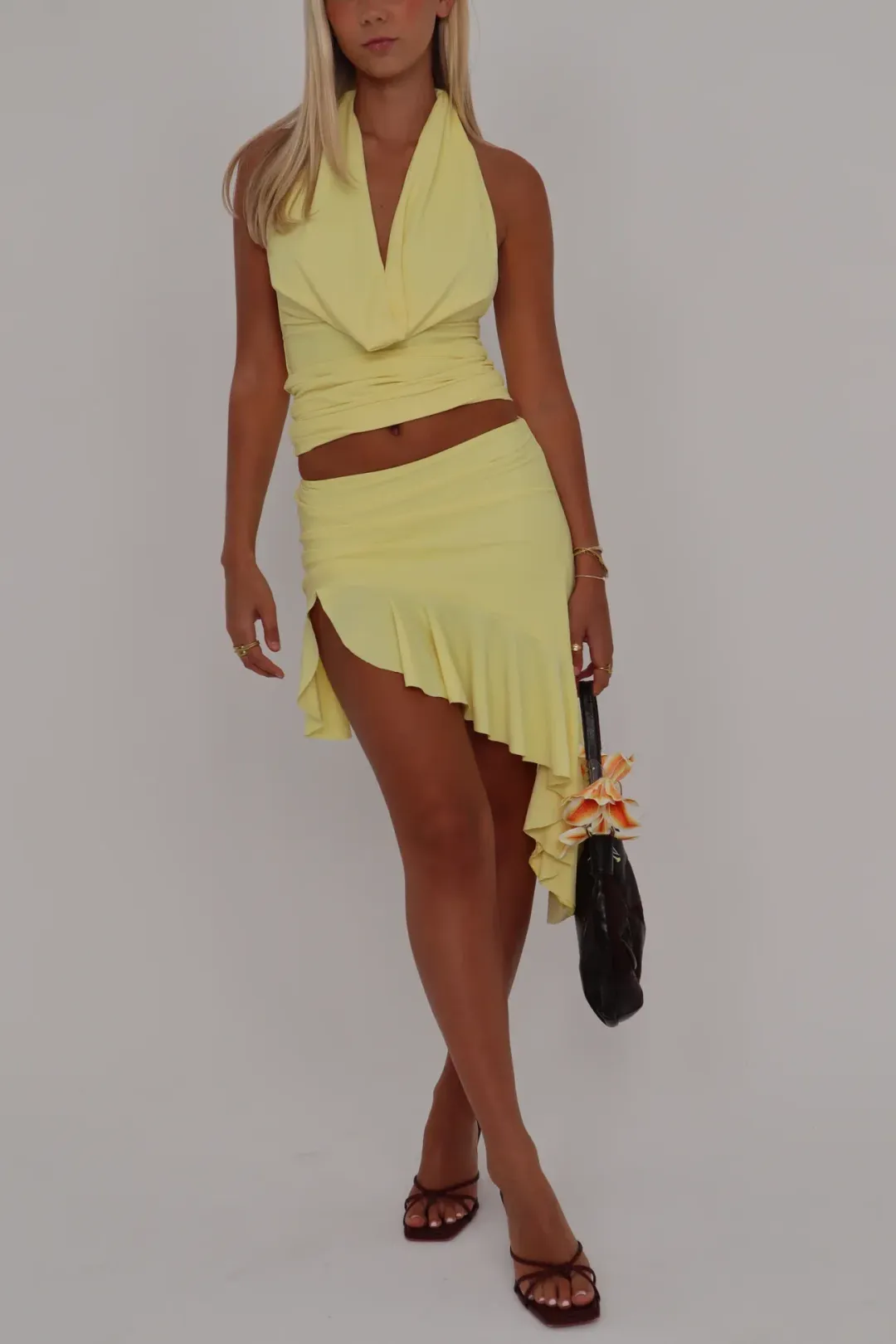 Orphe Soleil Plunge Top and Midi Skirt Set Buttery Yellow Size 10 for rent on The Volte - main image