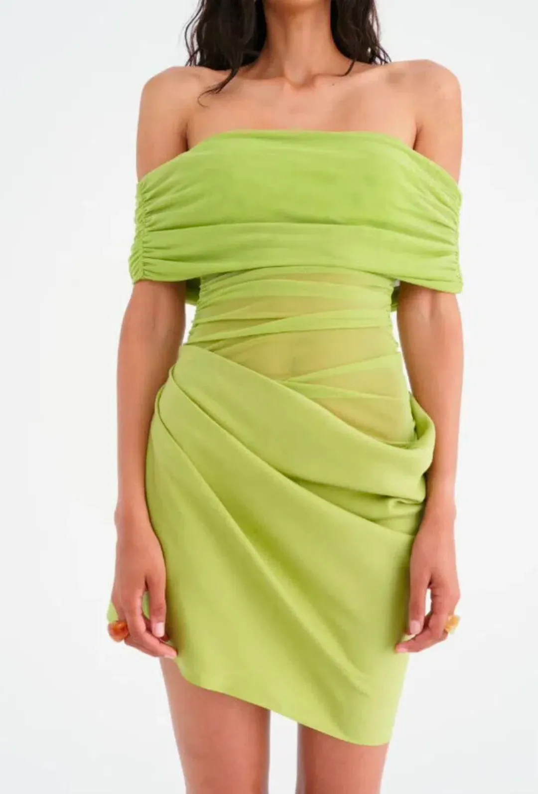 Benni Nico Off Shoulder Mini Dress in Apple Green Size 8 for rent on The Volte - main image