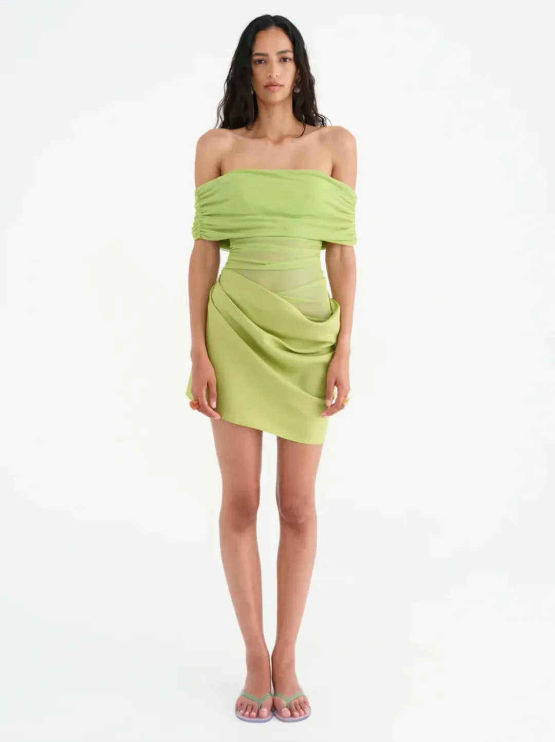 Benni Nico Off Shoulder Mini Dress in Apple Green Size 8 for rent on The Volte - main image