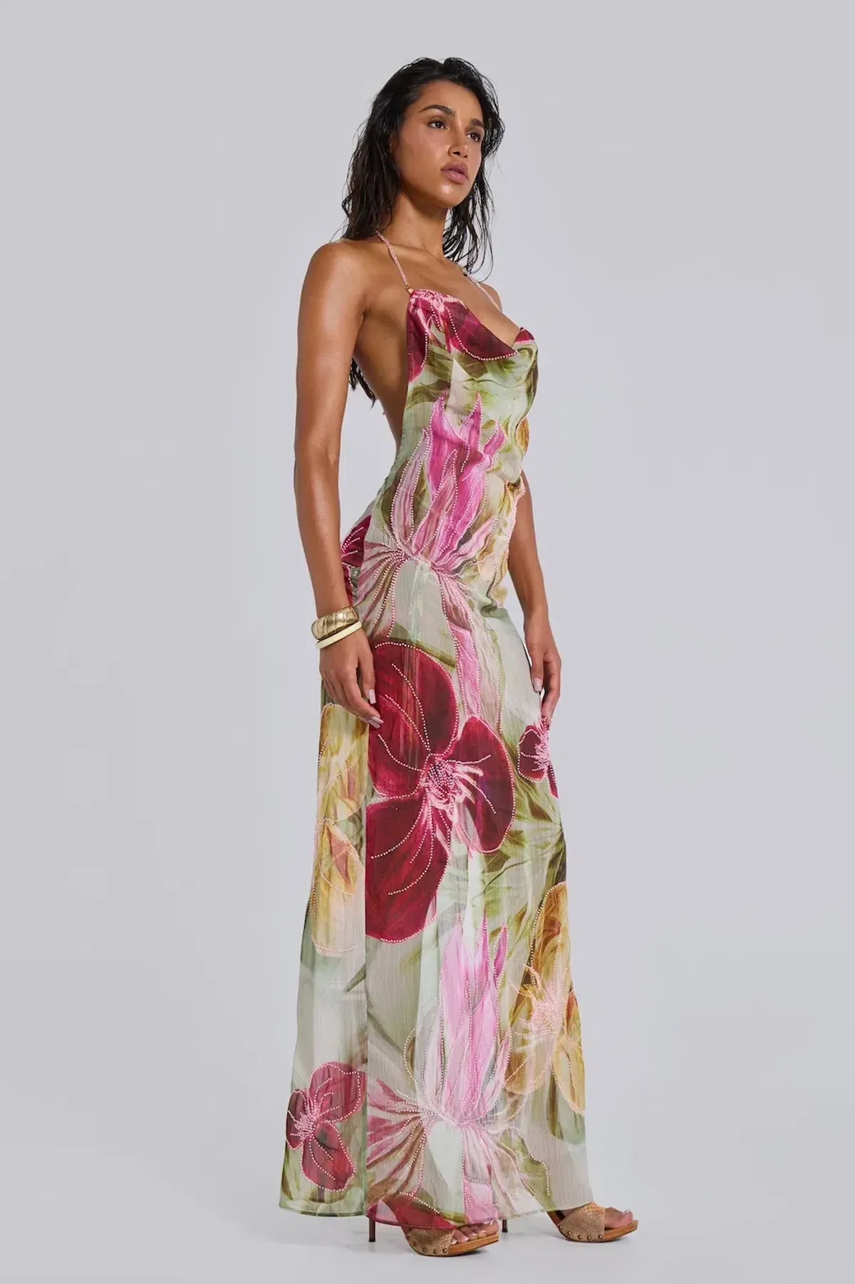Jaded London Dahlia Hand Beaded Backless Chiffon Maxi Dress Floral Size 8 - Image 1