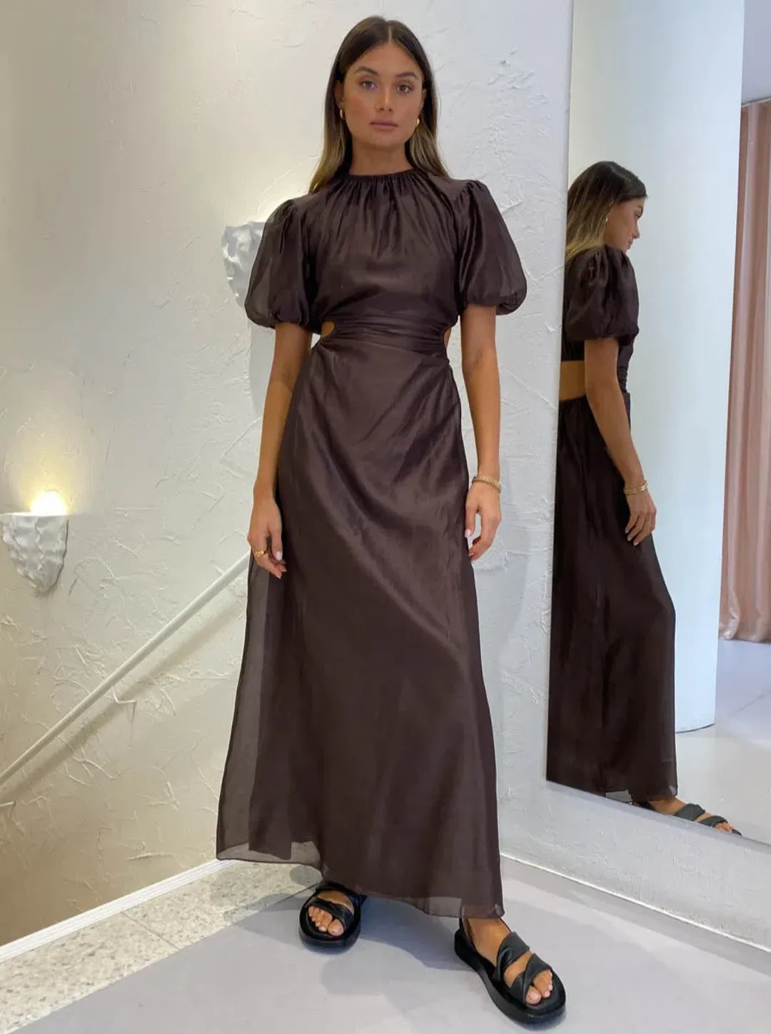 Sir The Label Anje Puff Sleeve Gown In Chocolate Size 1 / AU 8 for rent on The Volte - main image