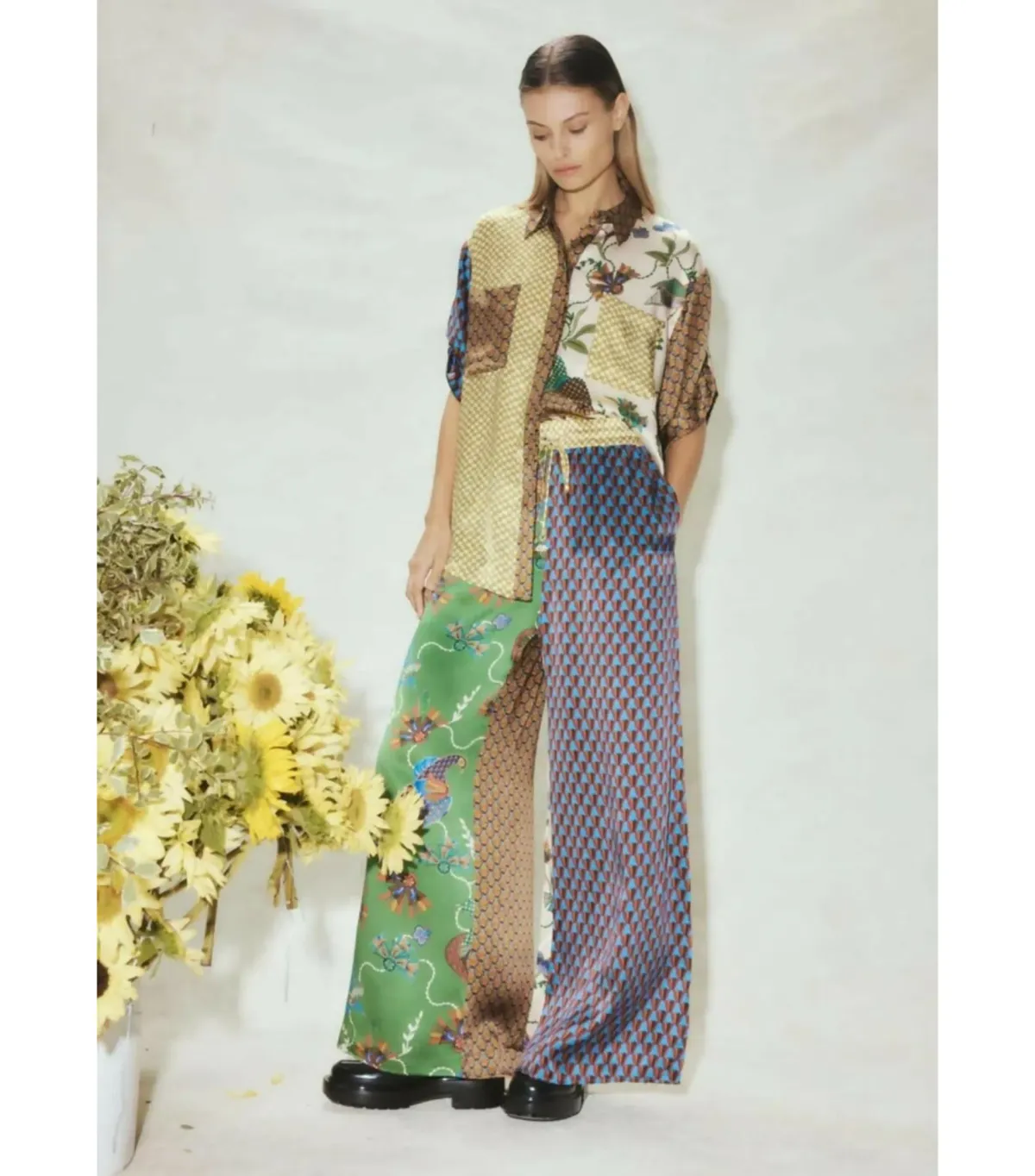 Alémais Birdie Spliced Silk Shirt and Pants Set Multi Print Size AU 16 - Image 1