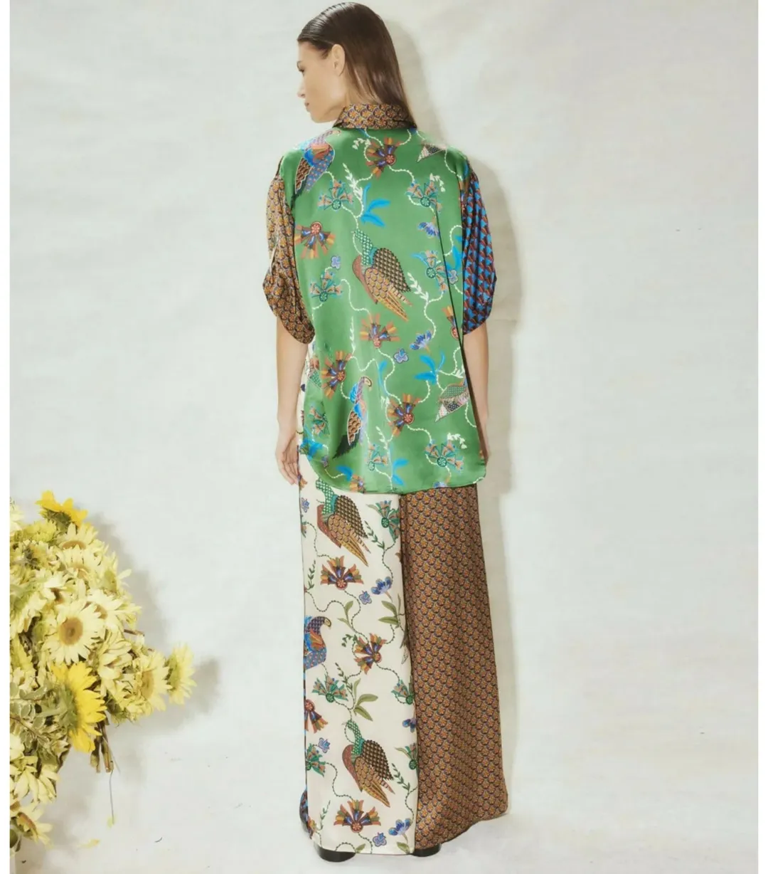 Alémais Birdie Spliced Silk Shirt and Pants Set Multi Print Size AU 16 for rent on The Volte - main image