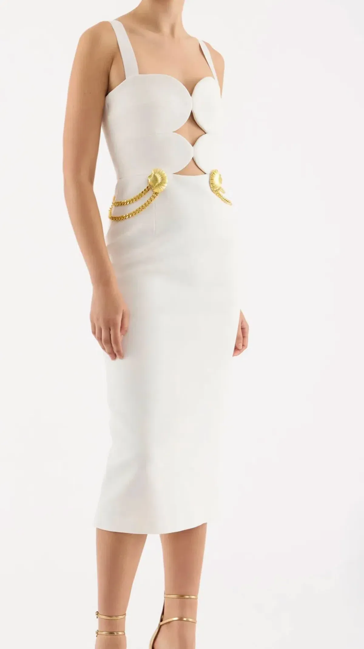 Rebecca Vallance Chelsea Gold Shell Detail Midi Dress White Size 6 - Image 3