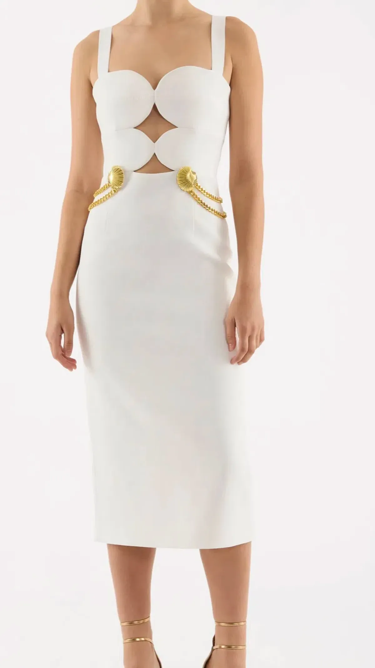 Rebecca Vallance Chelsea Gold Shell Detail Midi Dress White Size 6 for rent on The Volte - main image