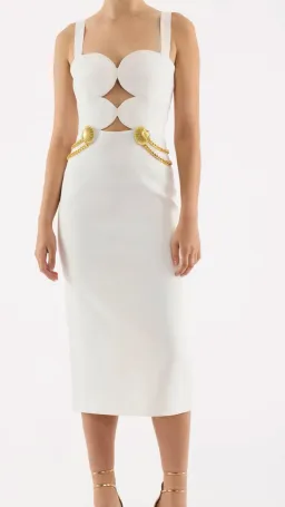 Rebecca Vallance Chelsea Gold Shell Detail Midi Dress White Size 6 for rent on The Volte - image 1