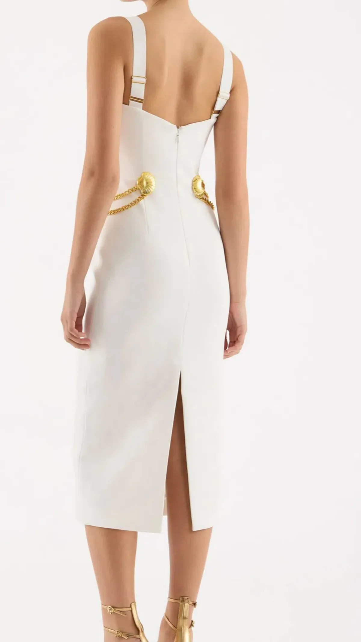 Rebecca Vallance Chelsea Gold Shell Detail Midi Dress White Size 6 - Image 4