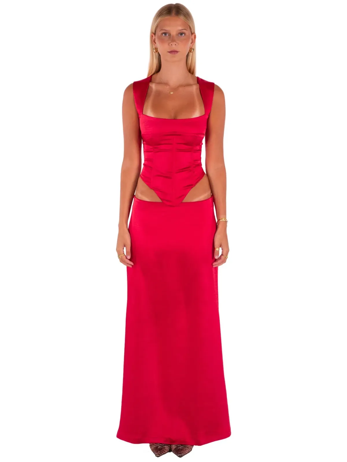 I Am Delilah Valerie Corset and Maxi Skirt Set Cherry Red Size S / AU 8 for rent on The Volte - main image