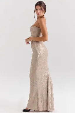 House of CB Persephone Chiffon Mesh Strapless Corset Maxi Dress Pale Gold Size S / AU 8 for rent on The Volte - image 4