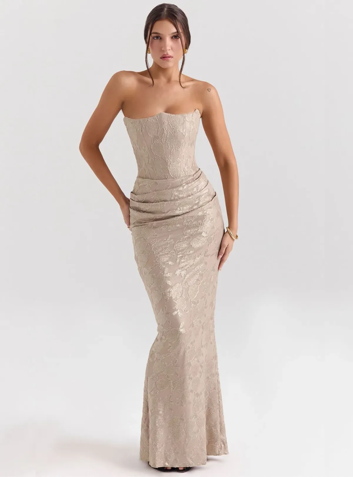 House of CB Persephone Chiffon Mesh Strapless Corset Maxi Dress Pale Gold Size S / AU 8 for rent on The Volte - main image